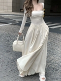 Women's two-piece square neck long-sleeved dress, early autumn 2024 new style, exquisite and elegant, waist-slimming A-line length.