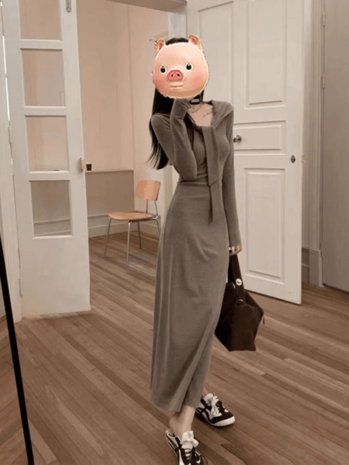 Faux two-piece tie-waist long-sleeved knit dress for women, autumn, slimming, bodycon long skirt.