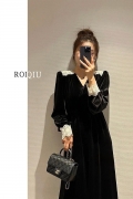 Women's Black Velvet Dress, Spring/Autumn 2024 New Arrival, Hepburn Style, French Retro, Elegant and Charming