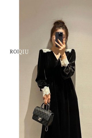 Women's Black Velvet Dress, Spring/Autumn 2024 New Arrival, Hepburn Style, French Retro, Elegant and Charming Women's Black Velvet Dress, Spring/Autumn 2024 New Arrival, Hepburn Style, French Retro, Elegant and Charming