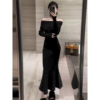 Retro sexy red off-shoulder long-sleeved dress for women, new autumn style, elegant, slimming, fishtail bodycon skirt