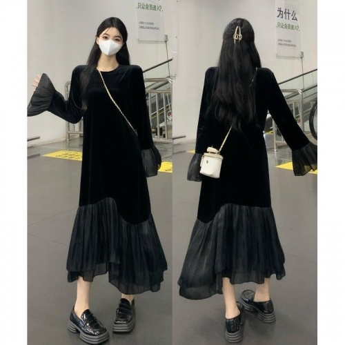 Women's velvet dress, new autumn style, round neck, pullover, slim waist, patchwork mesh, mid-length, long sleeves, fishtail skirt