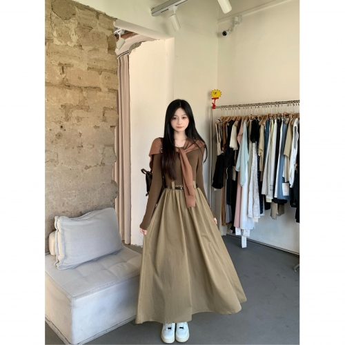 Retro-style solid color round neck slimming long-sleeved dress for women, autumn design with long sleeves and A-line skirt with shawl. Retro-style solid color round neck slimming long-sleeved dress for women, autumn design with long sleeves and A-line skirt with shawl.