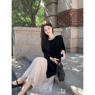 Hepburn-inspired two-piece sequined black velvet dress, irregular loose fit, slimming and flattering mesh maxi skirt