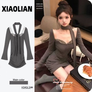 Gray faux two-piece long-sleeved dress for women, autumn style, pure, sexy, retro, hot girl design, waist-cinching, hip-hugging short skirt