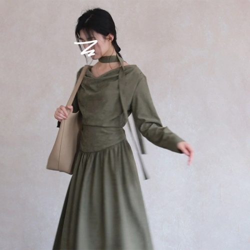 2024 Early Autumn New Korean Style Green Long-Sleeved Dress for Petite Women