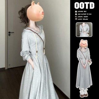 Korean style preppy grey hooded sweatshirt dress for women, autumn 2024, petite and elegant, slimming and flattering.