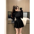 Pure and sexy high-neck versatile long-sleeved dress for women, new autumn and winter style, waist-cinching puff skirt, slimming base dress, short skirt