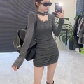 Spicy halter neck lace collar dress for women, Korean style, pure and sexy design, elegant, slimming, pleated bodycon skirt