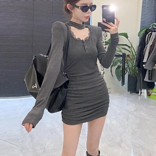 Spicy halter neck lace collar dress for women, Korean style, pure and sexy design, elegant, slimming, pleated bodycon skirt