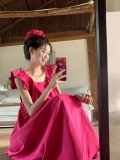 Retro French style square neckline ruffled sleeve dress for women, loose fit, slimming, high-quality rose red long dress