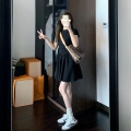 French retro Hepburn style fitted little black dress, elegant and slimming A-line skirt for women, perfect for summer.