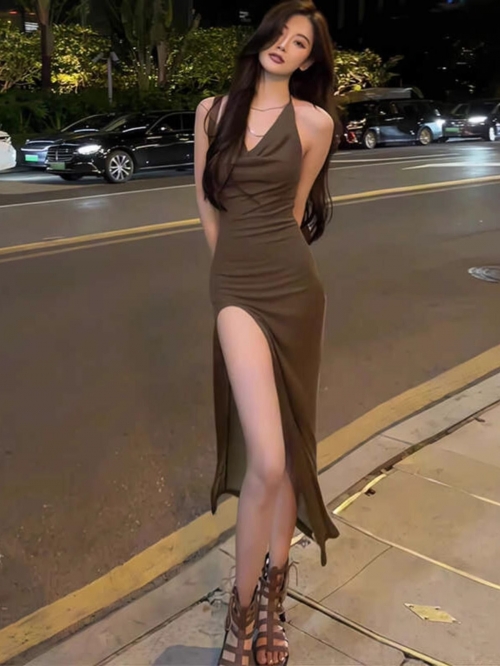 2025 New V-neck Elegant Halter Neck Suspender Dress for Women, Summer High-End Sexy Slit Bodycon Dress