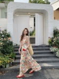 Gentle French floral print sundress for women, new summer 2024, elegant long high-waisted slimming dress