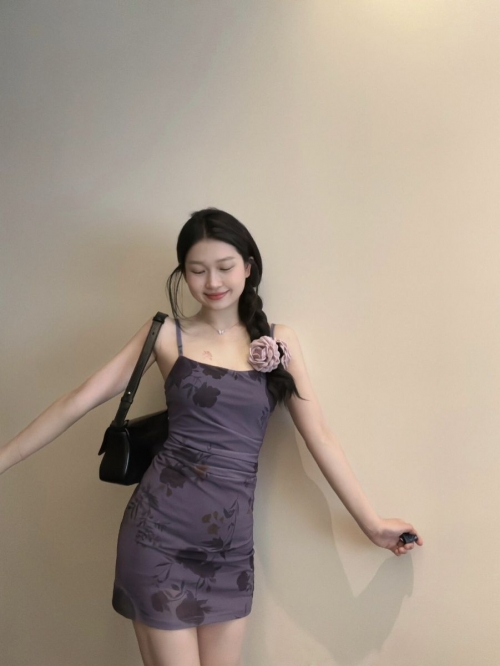 French-style printed mesh purple slip dress for women, summer slim-fitting bodycon mini skirt