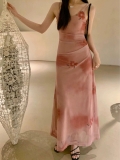 French-style elegant and romantic rose print slip dress, sexy backless bodycon dress with a long inner skirt.
