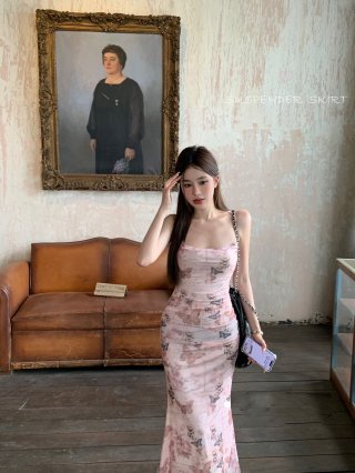 Butterfly Print Sexy Spaghetti Strap Dress for Women, Summer Fitted Waist, Backless, Tie-Waist Bodycon Skirt, Mesh, Alluring Long Dress