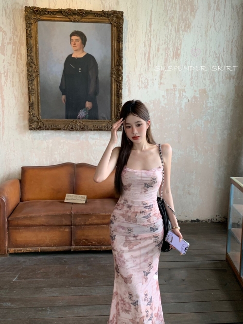 Butterfly Print Sexy Spaghetti Strap Dress for Women, Summer Fitted Waist, Backless, Tie-Waist Bodycon Skirt, Mesh, Alluring Long Dress