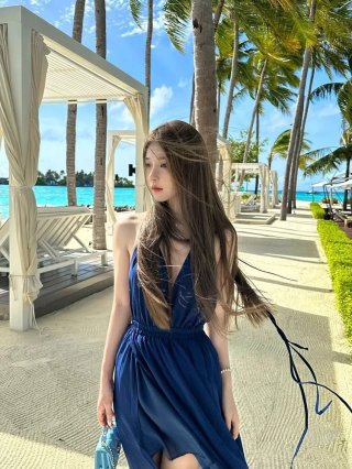 Deep V-neck sexy backless dress, beach vacation dress, new summer travel outfit, halter neck long dress, fairy-like.