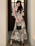 Ink painting style halter dress for women, summer 2025 new style, new Chinese style, backless, elegant long dress.