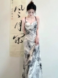 Plus-size ink painting style halter dress for women, summer 2024 new style, new Chinese style open back design for chubby girls.