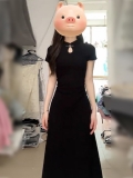 New Chinese style black slim-fit dress for women, summer, sophisticated and elegant, with Chinese style button closure, modified cheongsam dress.