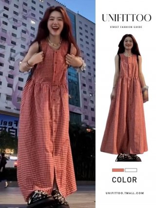 Retro beach vacation style plaid dress, simple and elegant vest dress