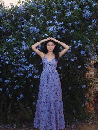 Plus Size French Style Blue Floral Print Sundress for Women, Summer Elegant V-Neck Backless Vacation Beach Dress Plus Size French Style Blue Floral Print Sundress for Women, Summer Elegant V-Neck Backless Vacation Beach Dress