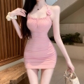 Floral pink halter top dress for women, summer style, sexy bodycon dress with bra pads, halter neck, strapless dress.