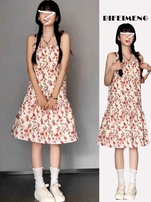 High-end floral print sundress for women, new summer 2025 style, petite and slimming, loose design.