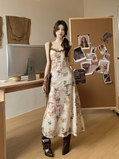 Butterfly floral print French style slip dress for women, summer vacation style V-neck dress, slim fit waist bodycon long dress