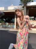 Retro oil painting floral print sundress for women, summer French style, loose fit, slimming, beach vacation vibe, sleeveless long dress