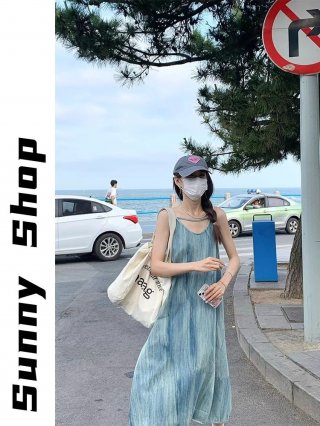 Tie-dye denim suspender dress for women, summer style, unique design, slimming straight long dress