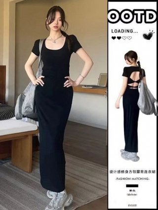 Hepburn-style French black backless dress for women, summer 2024 new style, high-end feel, slit, slim fit, bodycon.