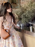 French retro oil painting floral halter neck suspender dress for women, summer vacation style, elegant backless waist-cinching long dress
