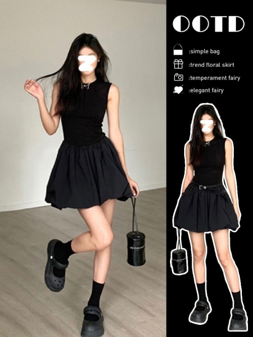 Niche black dress for women, designer floral skirt, French style short skirt, high-end new tulip skirt.