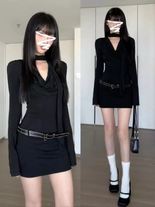 American-style sexy dress for women, autumn, unique design, mature and sophisticated style, long-sleeved black bodycon mini skirt