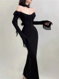 2024 New French Hepburn Style Black Off-Shoulder Dress for Women, Spring and Autumn, High-End Sexy Bodycon Long Skirt