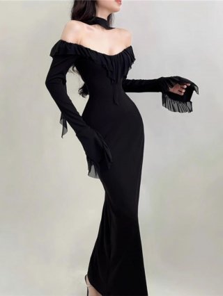 2024 New French Hepburn Style Black Off-Shoulder Dress for Women, Spring and Autumn, High-End Sexy Bodycon Long Skirt 2024 New French Hepburn Style Black Off-Shoulder Dress for Women, Spring and Autumn, High-End Sexy Bodycon Long Skirt