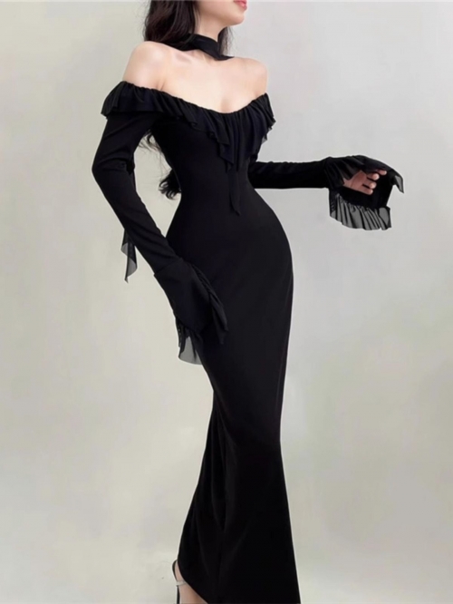 2024 New French Hepburn Style Black Off-Shoulder Dress for Women, Spring and Autumn, High-End Sexy Bodycon Long Skirt 2024 New French Hepburn Style Black Off-Shoulder Dress for Women, Spring and Autumn, High-End Sexy Bodycon Long Skirt