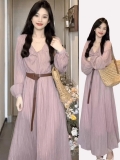 Pink long-sleeved dress for women, early autumn 2025 new Korean style, perfect for early autumn.