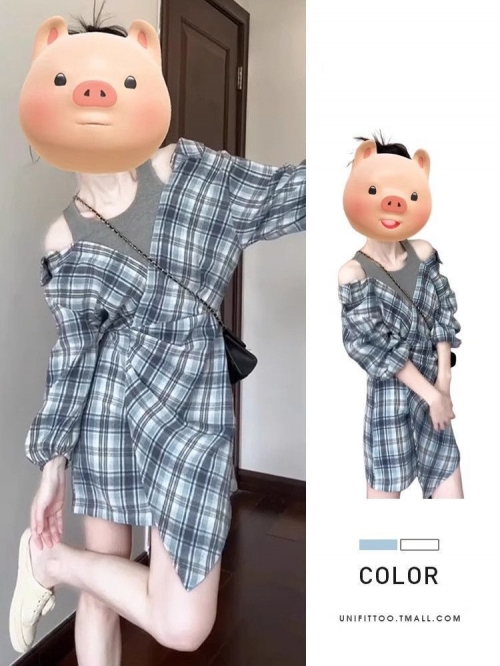 Blue faux two-piece shirt dress set, early autumn Korean style for petite women, new look for 2025.