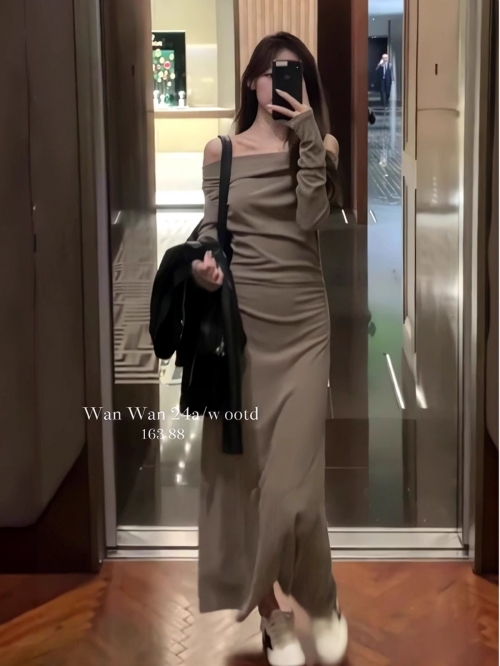 A complete set of sophisticated off-the-shoulder knit dresses for women, perfect for autumn 2025, featuring a bodycon design.