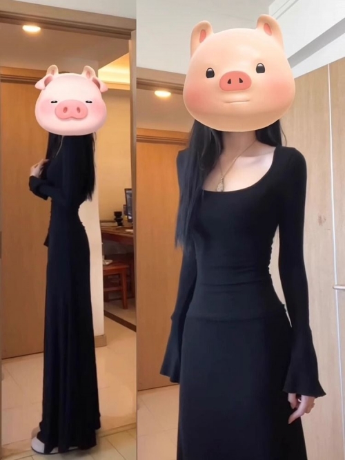 2025 Early Autumn New Korean Style High-End Black Long-Sleeved Dress, Early Autumn Women's Clothing, Mature and Slim Fit