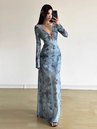 Pure and sexy V-neck tie-dye mesh long-sleeved dress for women, summer sexy hollow-out waist slimming elegant long dress