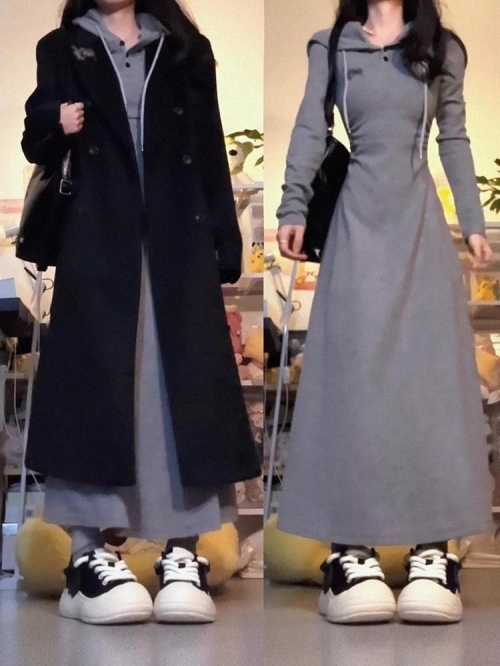 2025 Early Autumn New Gray Sweatshirt Dress for Women, Suitable for Autumn and Winter Coat Inner Layer, Elegant and Slim Waist