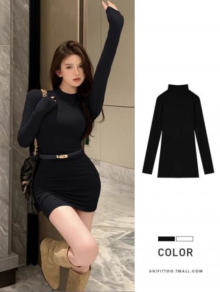 Black turtleneck knit dress, long sleeves, new autumn/winter 2025 style, slimming, perfect for layering or wearing with a bag.