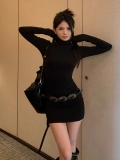 Black bodycon dress for women, new autumn 2024 style, long sleeves, slim fit, high-end look, sexy style.