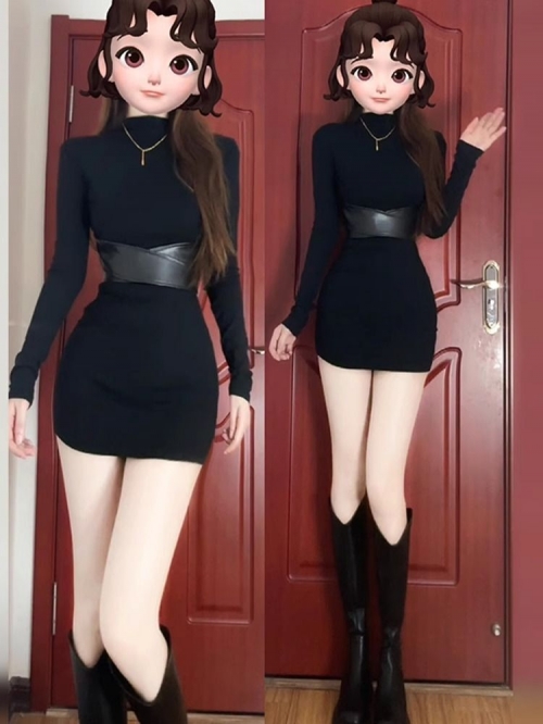 French-style black turtleneck dress for women, perfect for autumn/winter 2025, flattering, slimming, waist-cinching, and hip-hugging.