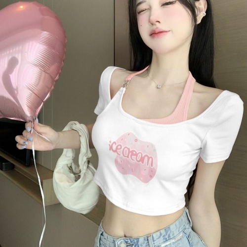 [Original Fabric] Unique and Exquisite T-Shirt for Women, Summer High-Waisted Cropped Top, Sexy and Sweet Style